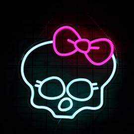 Skull Neon Sign for Room Decor Monster High Neon Light LED Skull with bow Sign Neon Sign for TV Series Fans Gifts Man Cave Wall Decor Dormitory Decoration USB Powered Dimmable 13"*12.6"