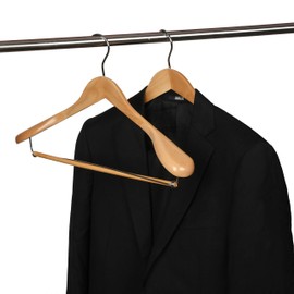 Luxury Wide Shoulder Wooden Hangers 2 Pack, with Locking Bar, Smooth Natural Finish Wood Suit Hanger Coat Hanger for Closet, Holds Upto 20lbs, 360° Swivel Hook, for Jacket, Dress Heavy Clothes Hangers