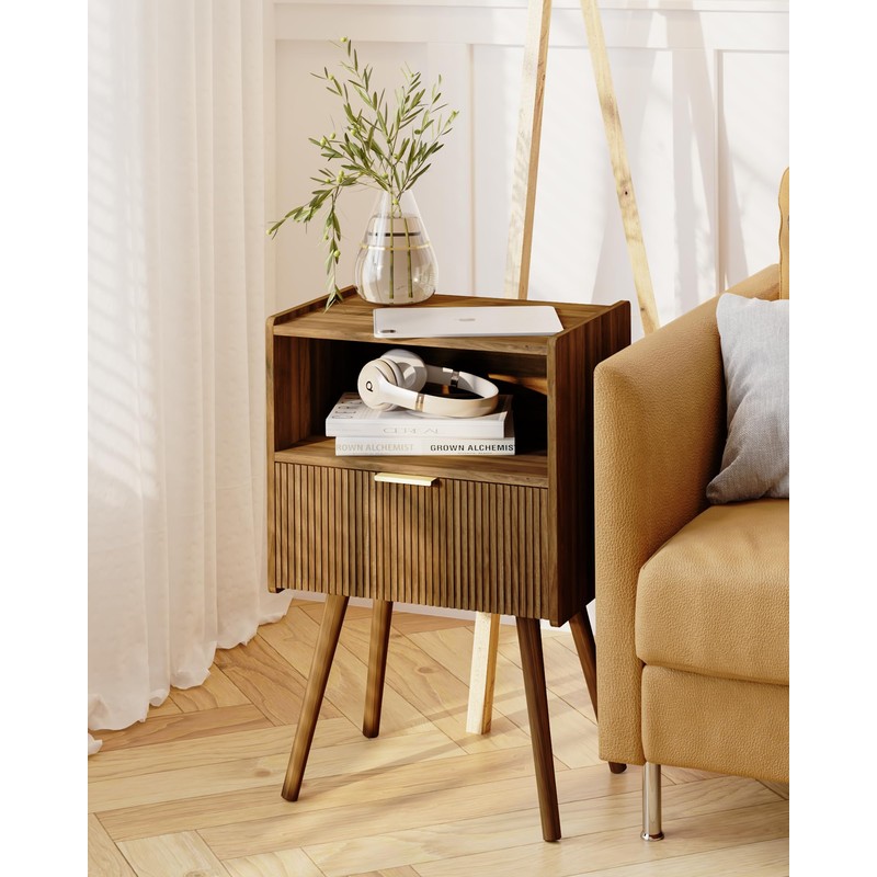 JOONEE Nightstand,Modern Bedside Table with Storage Drawer and Open Wood