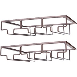 FOMANSH Wine Glass Rack - Under Cabinet Stemware Wine Glass Holder Glasses Storage Hanger 2 Pack Metal Organizer for Bar Kitchen Brown