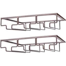 FOMANSH Wine Glass Rack - Under Cabinet Stemware Wine Glass Holder Glasses Storage Hanger 2 Pack Metal Organizer for Bar Kitchen Brown