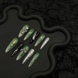 Wsliana Nails Handmade Press On Nails Long Stiletto Glue On Nails,3D Chinese Classical Dragon Design,10pcs Green Reusable-Lasting Acrylic Fake Nails with Storage Box |DIY Nail Art Kit (009 XS)