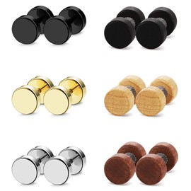 6 Pairs 8MM Mens Stainless Steel Wood Screw Stud Earrings Set,Cupimatch Ear Piercing Plugs Tunnel Earrings