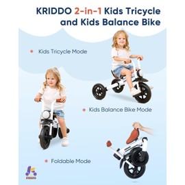 KRIDDO 2-in-1 Kids Balance Bike and Kids Tricycle for 2 to 5 Year Old, Toddler Balance Bike with Detachable Pedals, Tricycles for 3-5 Year Olds with Stitched Soft Grip, White