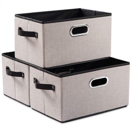 PRANDOM Large Fodable Storage Bins for Closet [3-Pack] Decorative Linen Fabric Storage Bins Cubes with Leather/Metal Handles for Shelves Bedroom Living Room Light Grey (14.9x9.8x8.3 Inch)