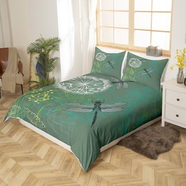 Dragonfly Duvet Cover Set Queen Size,Dandelion Floral Bedding Set 3Pcs for Kids Girls Teens Women Bedroom Decor Nature Animals Botanical Comforter Cover Vintage Green Quilt Cover,2 Pillowcases