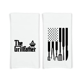 The Grillfather - Grilling Tools Flag - Set of 2 Towels with Hanging Loop - 100% Cotton Flour Sack Towels - BBQ Father's Day Gift Idea for Men Dad