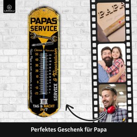 LANOLU Retro Blechschild PAPAS SERVICE Thermometer - Schild Werkstatt Papa - Geburtstagsgeschenk oder Vatertagsgeschenk für Vater retro Deko mit Spruch - vintage Metallschild mit Wölbung 8x28cm
