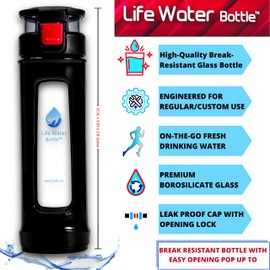 Life Ionizer - Glass Water Bottle - 450ML Borosilicate Glass Drinking "Break Resistant" Bottle with Carrying Handle & Easy Opening Pop-up To
