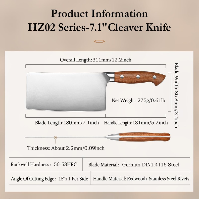 HEZHEN Cleaver Knife 7.1 inch, German 1.4116 Steel & Ergonomic