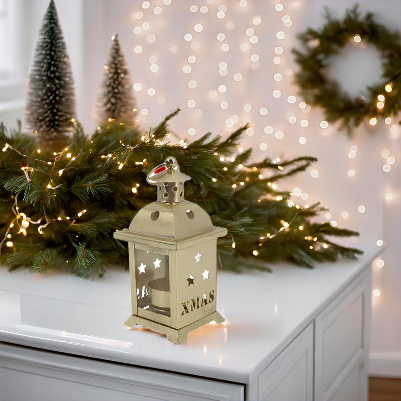 2 Decorative Lanterns Gold Metal with Stars Xmas Christmas Advent