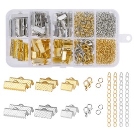 Jewelry Accessories Set with Pinch Crimp Ends Ribbon End, Lobster Clasps, Open Jump Rings, Extension Chains for Bracelet Necklace Choker Jewelry Making (370 Pieces)