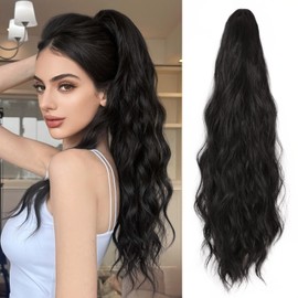 XIXISNOW Clip On Ponytail Extension for Women 24'' Fluffy Layered Wavy Fake Ponytail with Claw Clip Hairpiece Heat Resistant Synthetic Hair Extensions Wedding Party Daily Use(Natural Black, 4.5OZ)