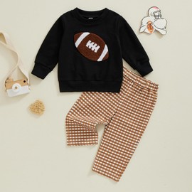 Karuedoo Toddler Baby Boy Football Outfits Football Embroidery Long Sleeve Sweatshirt and Gingham Pants Set 2Pcs Fall Clothes (Black, 2-3 Years)