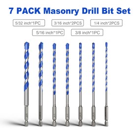 7 Pcs 5/32 to 3/8 inch Concrete Drill Bit Set,Masonry Drill Bit Set with Hex Shank,Carbide Tip Drill Bits for Concrete, Tile,Brick, Plastic, Cement (5/32" - 3/8"（7 Pcs）)