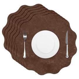 comfoyar Faux Leather Flower Shaped Placemats Set of 6, 13.5 Inch Heat Resistant Dual-Sided Dark Brown Imitation Velvet Place Mats, Waterproof Wipeable Table Mats for Kitchen Dining Party Decoration