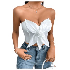 SHENHE Women's Summer Strapless 3D Flower Rosette Bustier Sexy Crop Tube Bandeau Top White Large