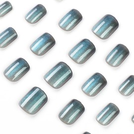 Press on Nails Short Square Fake Nails with Glitter Designs Green Full Cover Short Glue on Nails Glossy Artificial False Nails Acrylic Stick on Nails for Women 24 Pcs