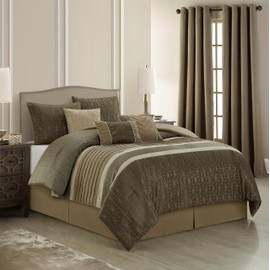 Stratford Park Taupe Comforter Set King Size, 9 Piece Geometric Bedding Set, Jacquard with Matching Solid Piecework, Bedskirt, Pillows & Shams, Curtains