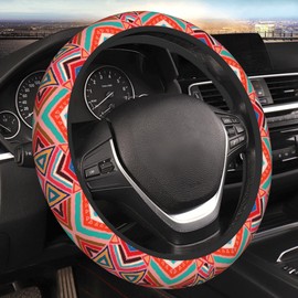 Tribal Aztec Style Steering Wheel Cover for Women Men, Cool Bohemian Red Steering Wheel Protector Custom Car Accessories for SUV Trucks (15 Inch)