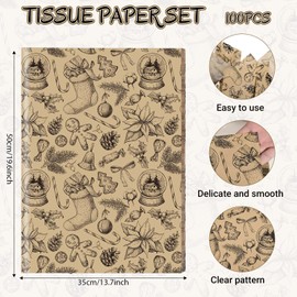 Bolsome 100 Sheets Christmas Tissue Paper for Gift Wrapping Kraft Gingerbread Man Candy Cane Pine Cone Poinsettia Printed Tissue Paper for Gift Bags for Winter Holidays Christmas Party DIY Craft, 20 × 14 Inches