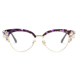 bullabulling Rhinestones Bling Bling Cateye Reading Glasses Women Blue Light Blocking (purple floral, 1.25)