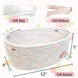 SHIANCE&LI Small Woven Rainbow Basket with Gift Bags and Ribbons, Cute Empty Gift Decorative Basket For Baby Storage Nursery, Cotton Rope Basket with Handles,12"x 8" x 5" (Rainbow)