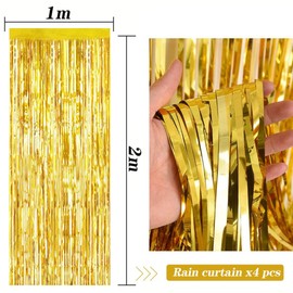 Ywwltt Pack of 4 Tinsel Curtain Gold, 1 x 2 m Glitter Tinsel Curtain, Tinsel Foil Curtain, Foil Fringe Curtain, Glitter Curtain Decoration for Birthday, Wedding, Graduation, Festive Party Decoration
