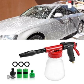 Car wash Foam Gun, with a Quick-Connect Adapter for 1/2, 3/4, 3/8 Sizes, Brass connectors and a 1-Liter Bottle, Nozzle, washcloth, Snow Foam Gun Box - Home Garden Watering Green car wash Set.
