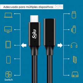 Soku Cable Pro Usb3.1 Tipo C A Hembra Pd 5a 100w 4k 10gbps Color Negro