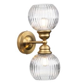 Pathson 2 Heads Wall Sconce Striped Glass Shade, 2-Light Modern Bathroom Sconces Wall Vanity Light Fixtures Brass Finish, Vintage Wall Sconce Lamp for Mirror Living Room Bedroom Farmhouse Lighting