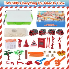 Toy for 3-12 Years Old Boys Girls,50Pcs Firefighter Sensory Bin Toys,Sandbox with Lid,Sand Box Toys for Toddlers with 2.2Lb Sand,Party Christmas Birthday Gifts for Boys Girls Kids Ages 3 4 5 6 7 8
