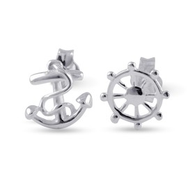 Sterling Silver Women Nautical Anchor & Ship Wheel Mismatch Stud Earrings - Nautical Gifts for Ladies Wife Mom