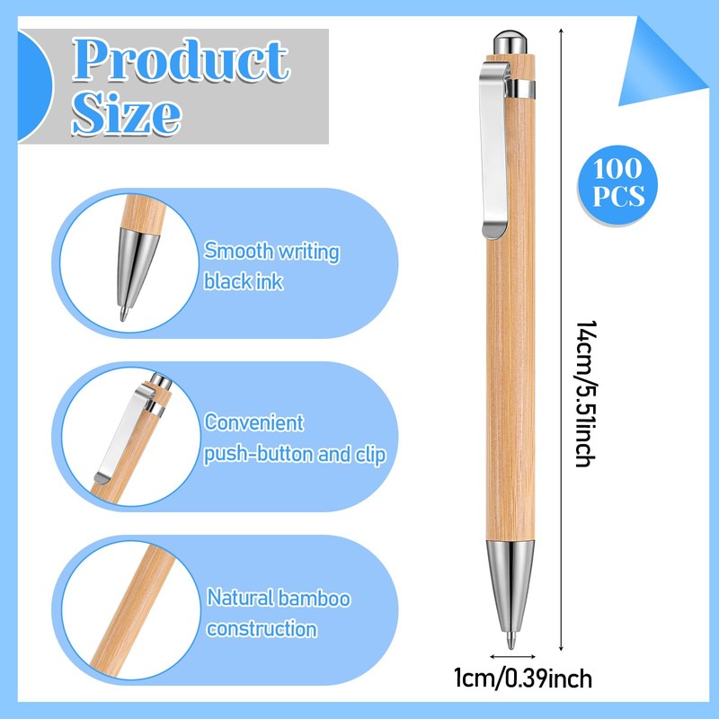 100 Bamboo Pens Bulk Wooden Retractable Ballpoint Pen Black Ink