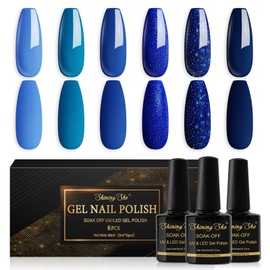 Shining She Semi-Permanent Nail Polish Blue, 6 Colors Blue Series Glitter Navy Blue Dark Blue Semi-Permanent Nail Polish Soak-Off UV Nail Polish for Beginners Nail Art DIY, 8ml