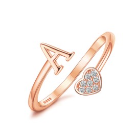 MILACOLATO 925 Sterling Silver Ring 18K Rose Gold Plated Initial Heart Rings Adjustable Capital Letter Initial Rings for Women Stackable Thumb Pinky Rings Trendy Stuff, A