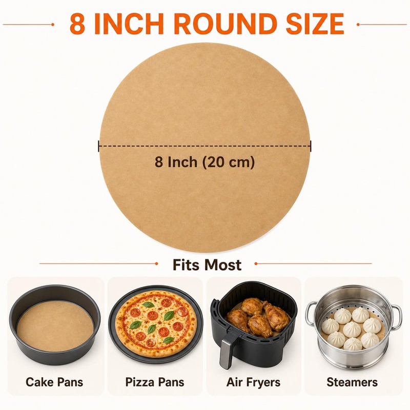 8 Inch Parchment Paper Rounds, Non-Stick, 300 Sheets