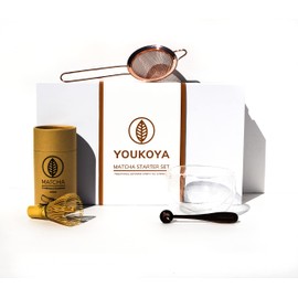 Youkoya Matcha Traditional Starter Set, 4 Pieces, Double-Walled Glass Bowl, Rose Gold Sifter, Bamboo Whisk Chasen, 1g Measuring Spoon for Preparing Matcha