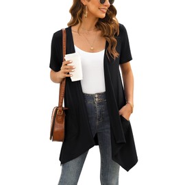 Veryoung Trendy Lightweight Summer Cardigan Casual Soft Draped Open Front Short Sleeve Cardigans for Women with Pockets High Low Hem 2024,Black,Medium