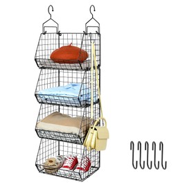 X-cosrack 4 Tier Foldable Closet Organizer, Clothes Shelves with 5 S Hooks, Wall Mount&Cabinet Wire Storage Basket Bins, for Clothing Sweaters Shoes Handbags Clutches Accessories Patent Design