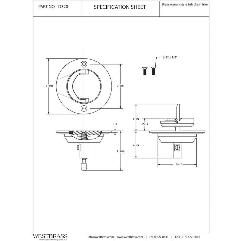Westbrass D320-05 Roman Tub Drain Trim, 3-9/16" OD, Polished Nickel