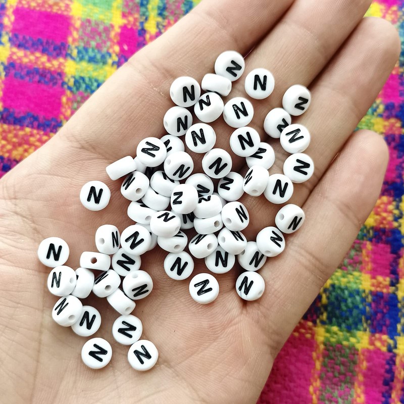 Amaney Letter Beads N 100pcs 7x4mm White Round Acrylic Black