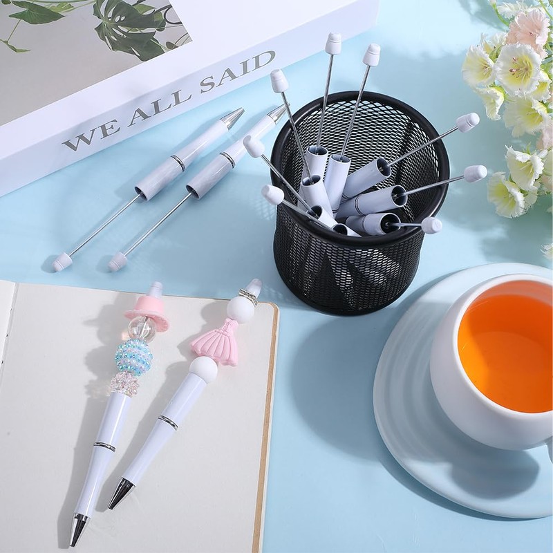 SUNNYCLUE 20Pcs White Bead Pens Bulk Plastic Beadable Pen Creative