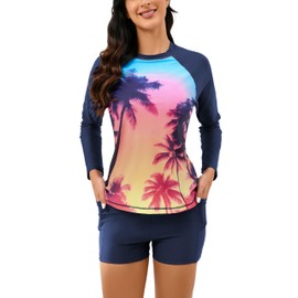Halcurt Women's Built in Bra Rash Guard Long Sleeve Swimwear UPF 50 Two Piece Swim Shorts and Tops, Navy Ombre Palm, Medium