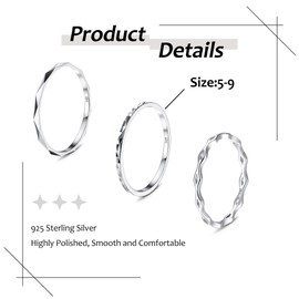Krfy Pack of 3 Rings for Men and Women 925 Sterling Silver Stackable Rings Simple Band Ankle Stacking Simple Rings 18 Carat White Gold Plated Wedding Ring Diamond Cut Rings 49.3 mm - 62.1 mm, Sterling