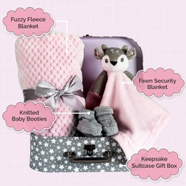 Hoolaroo Baby Blanket New Baby Girl Gifts Newborn Baby Box Fleece Blanket, Pink Deer Fawn Comforter, Knit Booties, Baby Hamper Suitcase Pink Gifts for Baby Gifts Present Girls