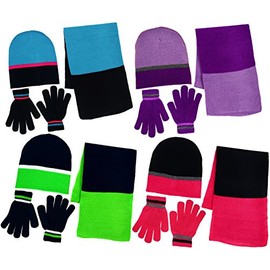 Girl's 3 Piece Knit Hat, Scarf & Gloves Set (Pink-Black), OSFM