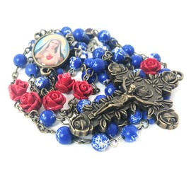Immaculate Heart of Mary Blue Sandstone and Red Rose Rosary Beads Catholic for Women and Rosary Bracelet for Women Set - Crystal Turquoise Rosary & Miraculous Medal Bracelet - Catholic Rosary - Rosarios Catolicos Para Mujer - Catholic Gifts Women - Rosar