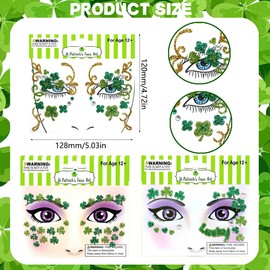 3 Pcs Glitter Green Shamrock Face Gem Tattoo Stickers St. Patrick's Day Temporary Tattoos Sticker Lucky Four-Leaf Clover Diamond Makeup Stick on Tattoo Decals for Irish Rave Party Supplies
