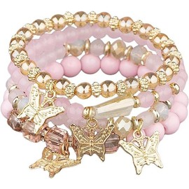 Caiyao 4pcs Butterfly Bohemian Beaded Stackable Stretch Bracelet Set Elastic Colorful Charm Multi-Layer Butterfly Crystal Stone Stretch Bracelets-pink
